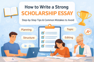 Illustration of students planning and editing a scholarship essay with a checklist, laptop, and academic icons in a soft blue background
