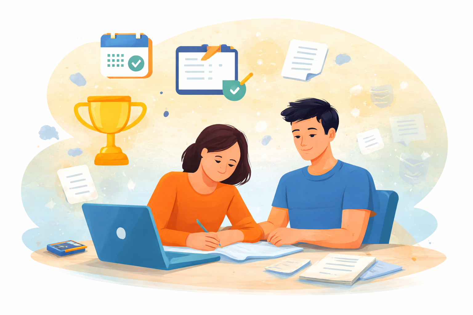 Students collaborating on a scholarship essay at a desk with a laptop, notebook, and a trophy symbolizing achievement